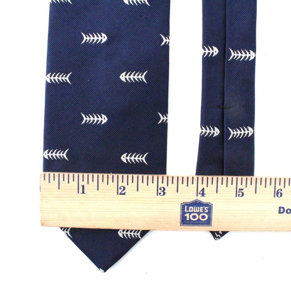 Brooks Brothers 100% Silk Tie Fish Skeleton Bones Navy Blue White Jacquard Men's - Picture 9 of 9